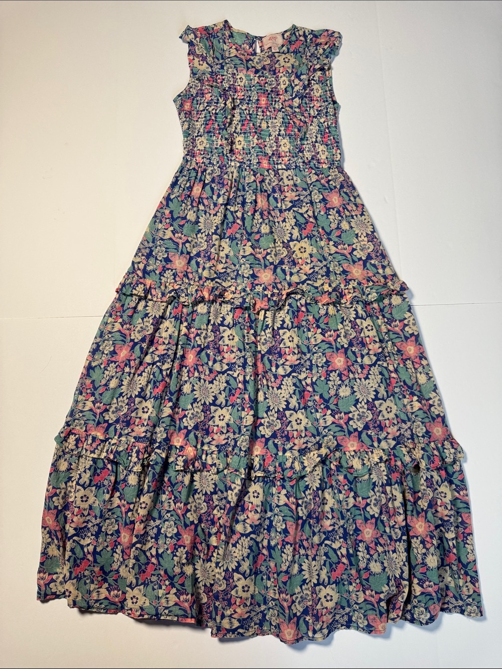 BANJANAN Iris Floral Maxi Dress Navy Pink Green Ruched Ruffle Summer Wedding M